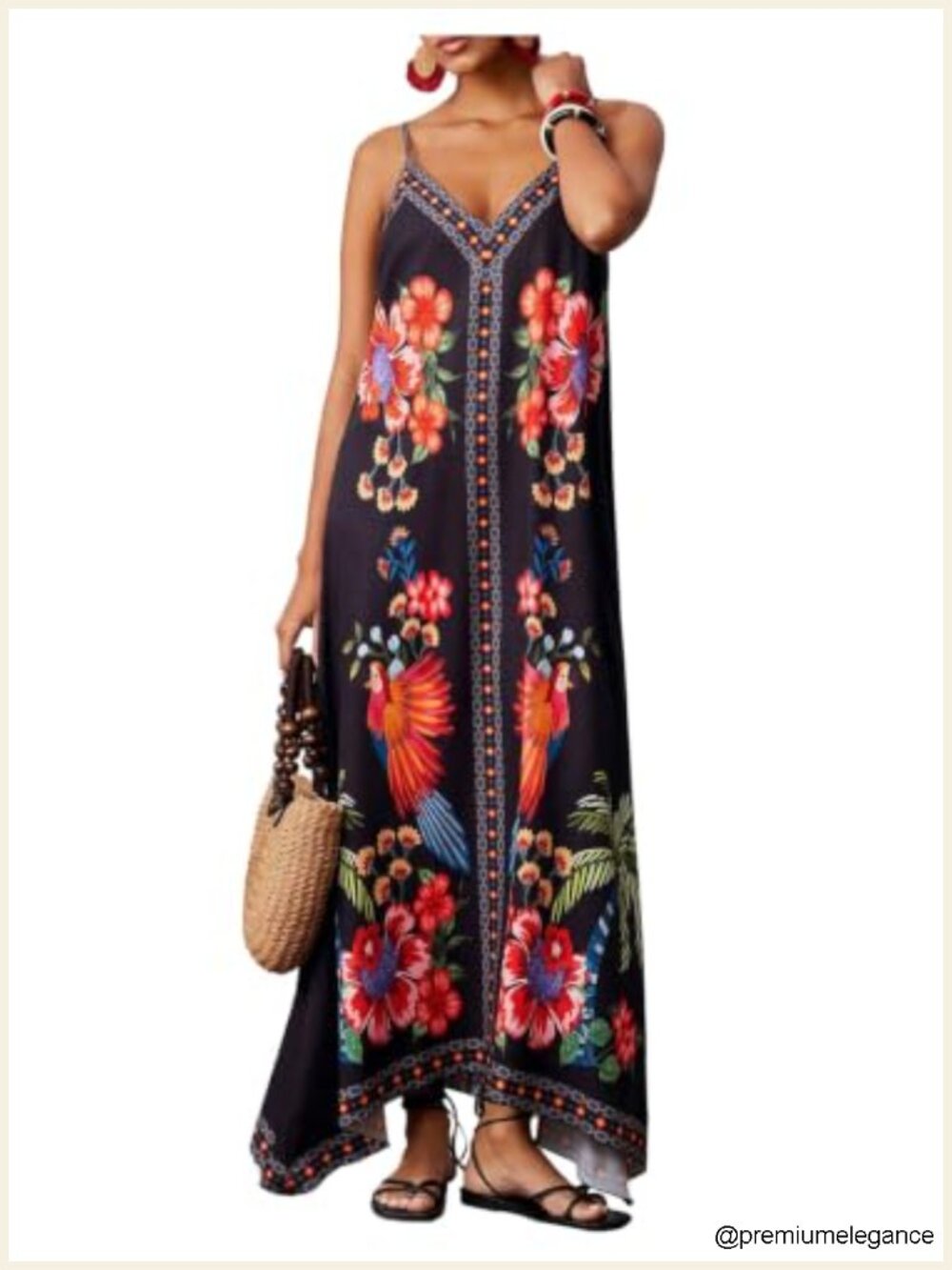 Boho Floral Maxi Dress Spaghetti Strap V-Neck Sleeveless Sundress